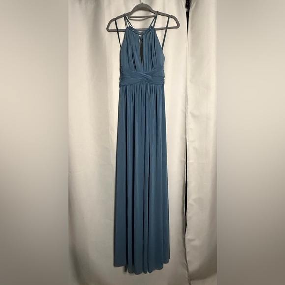 BCBGMaxAzria Blue High Neck Pleated Cross Back Maxi Dress Medium - Picture 3 of 13